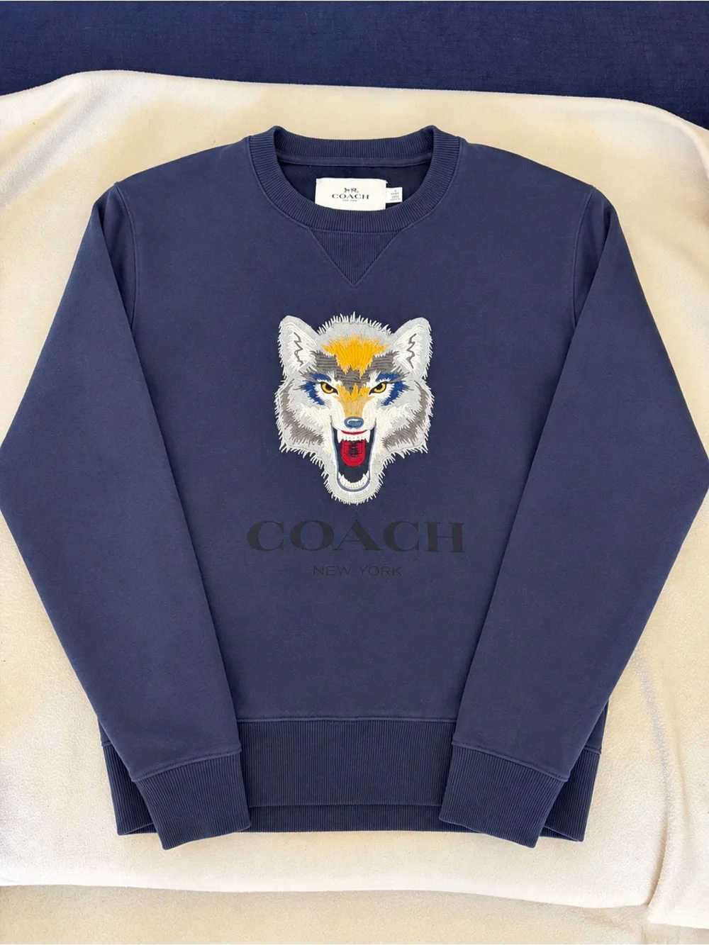 Coach Navy Crewneck Sweater with Embroidered Wolf Motif - Picture 1 of 7